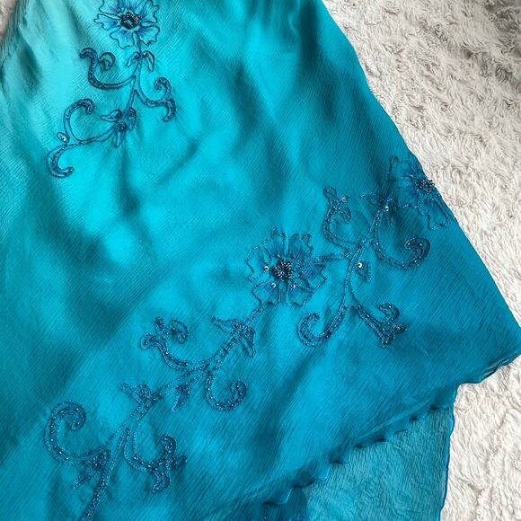 Cache beaded sequin floral slip dress Elsa ombre blue asymmetric fairy prom M - Picture 10 of 16